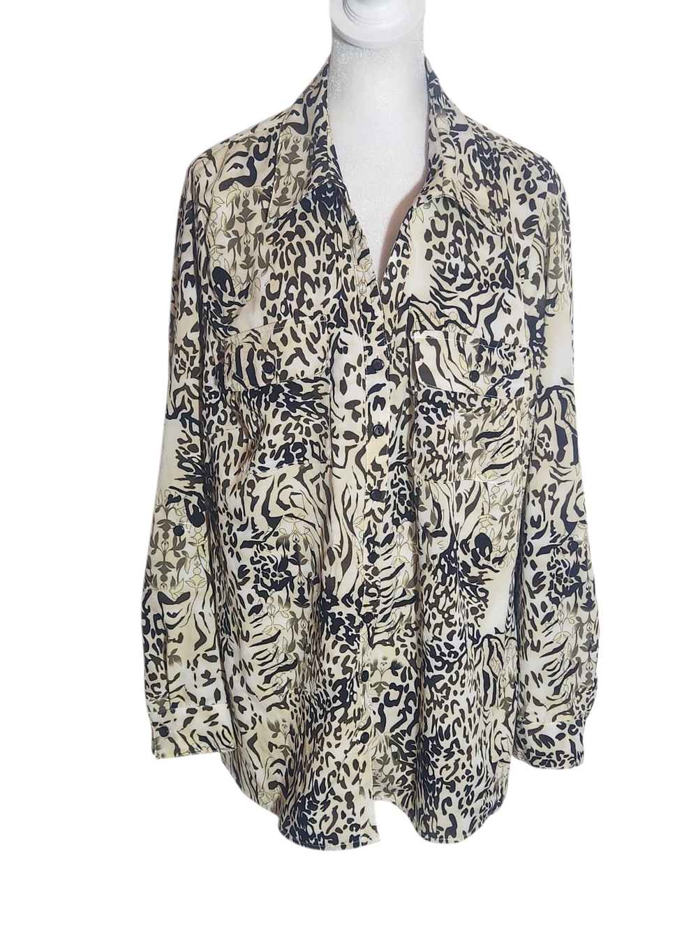 NY Collection Leopard Print Button-Up Camp Shirt Size 1X